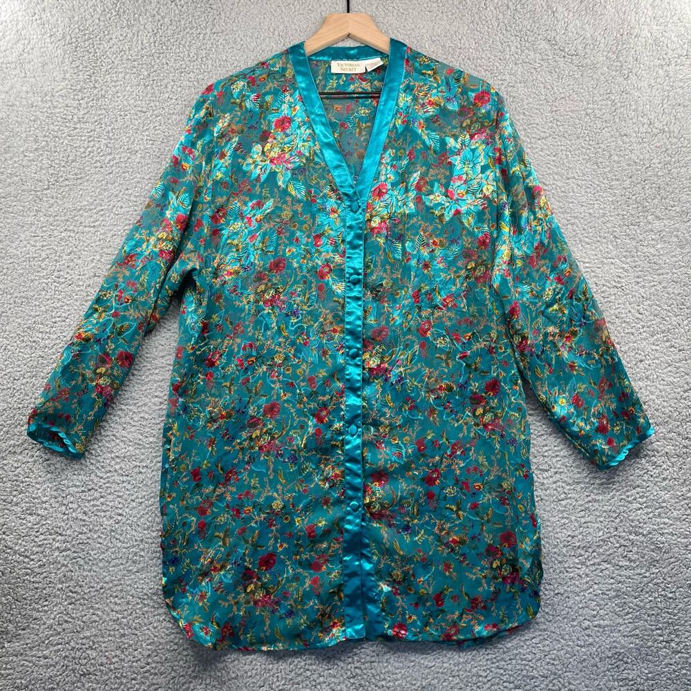 Vtg 90s VICTORIA'S SECRET Sheer Foral Button Down Sleep Shirt Small Teal Jewel